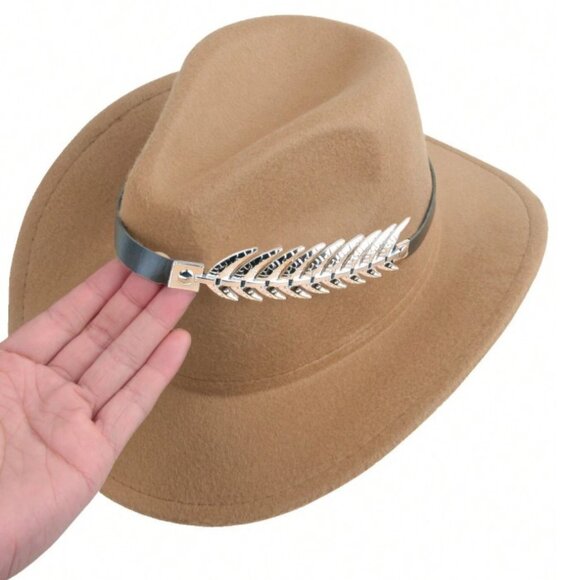 Beige Western‎ Cowboy Cowgirl Hat Felt Wide Brim Fedora with Gold Leaf Accent - Picture 4 of 6